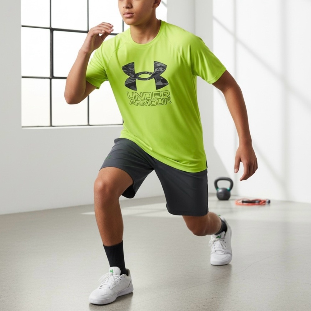 Under Armour Boys Camo Logo T Shirt Size YXL Neon Yellow HeatGear